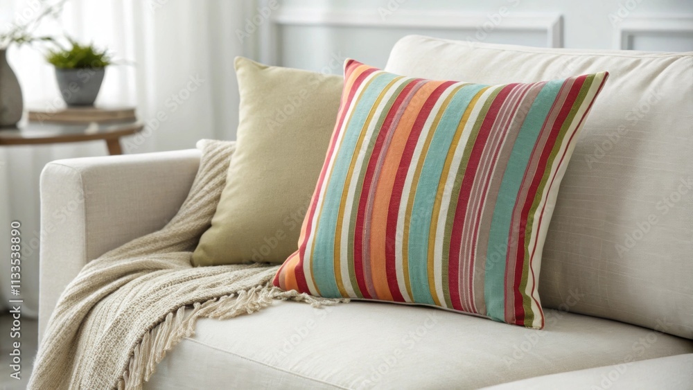 Poster A minimalist seating arrangement featuring a vibrant striped pillow on an elegantly simple couch with a delicate blanket adding warmth and depth to the scene.