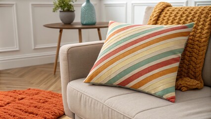 The interior showcases a colorful striped cushion on a muted stylish couch accompanied by a warm textured rug that enhances the cozy ambience.