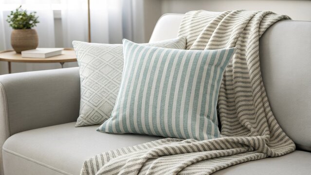 A stylish composition highlighting a singular striped pillow centered on a smooth modern couch paired with a subtly patterned blanket that adds a layer of comfort.
