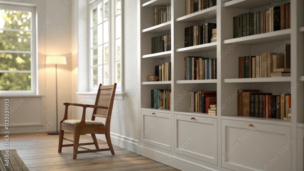Poster An inviting library space with clean white bookcases that offer a stark contrast to the soft diffused sunlight streaming in highlighting the rustic charm of a single wooden