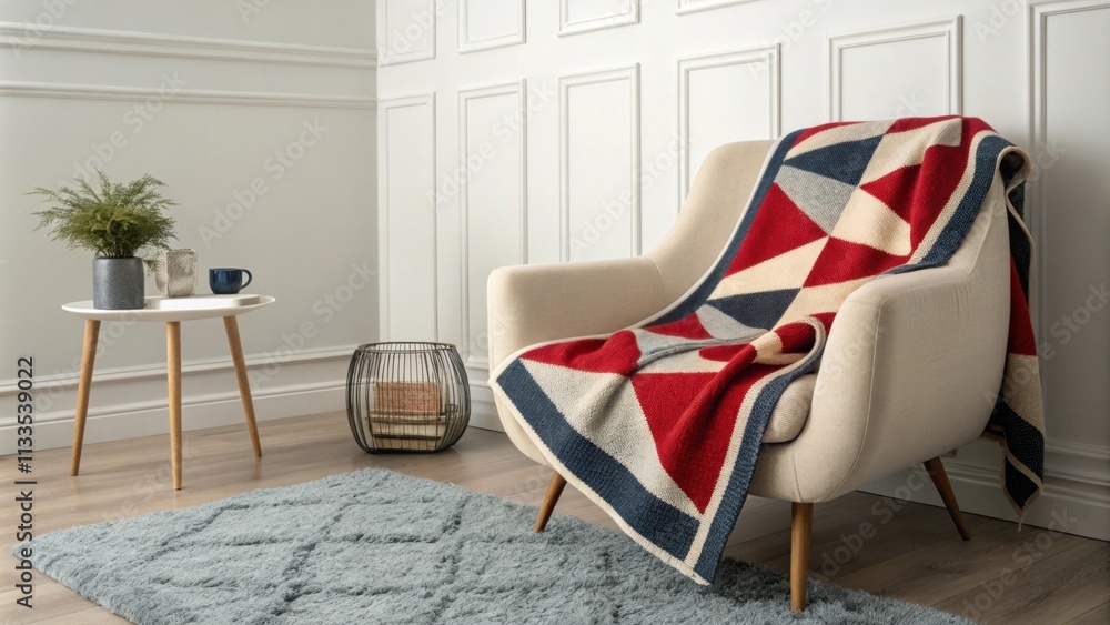 Poster a unique living area with a large statement blanket in bold hues resting on a contemporary armchair 