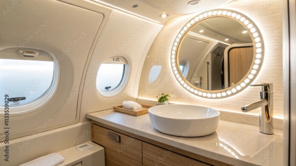Aufkleber a bright airy space where a round mirror catches the subtle glow from the ambient lighting accompany