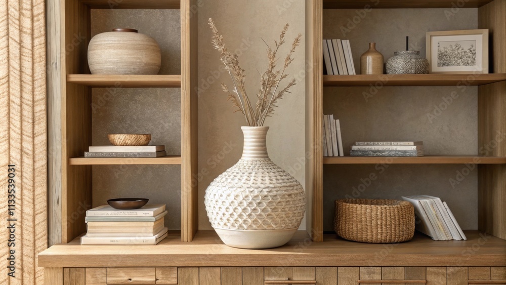 Poster the focal point of the room is a beautifully crafted vase displayed against custom shelves adorned w