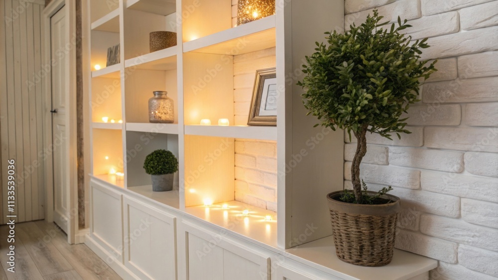 Poster The serene setting displays minimalist builtin shelves softly glowing lights casting a warm hue and a single lush potted plant offering a natural element that balances the