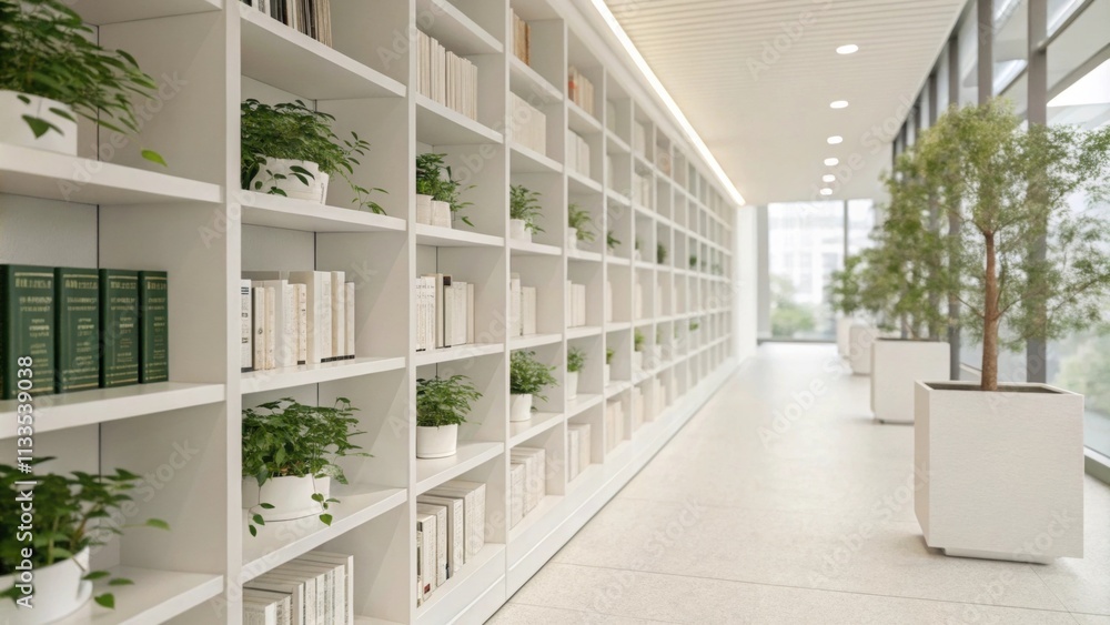 Poster the interior of a bright library showcases minimalist white shelving units adorned with subtle touch