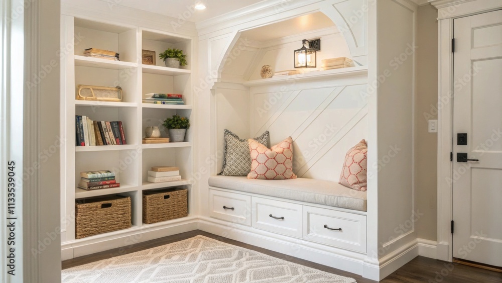 Poster A stylish nook characterized by clean white shelving units a discreet yet effective reading light positioned above and a warm inviting wool rug that brings a soft touch to