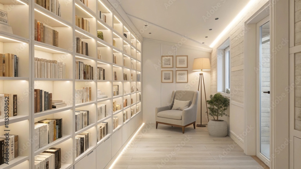 Aufkleber a modern library layout featuring immaculate white shelves lined with books enhanced by the soft glo