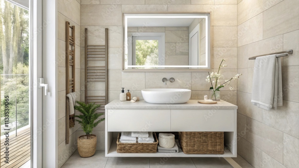 Poster A chic bathroom aesthetic with a wallmounted floating sink finished in smooth white paired with textured neutral tiles and a large frameless rectangular mirror that enhances