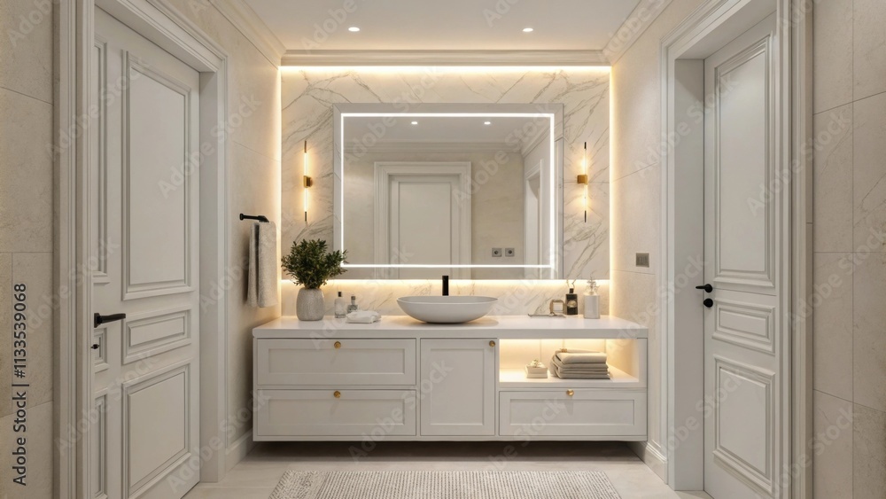 Poster A contemporary bathroom design with allwhite walls a frameless mirror that blends seamlessly into the dÃ©cor and gentle lighting that casts a warm glow over the minimalist