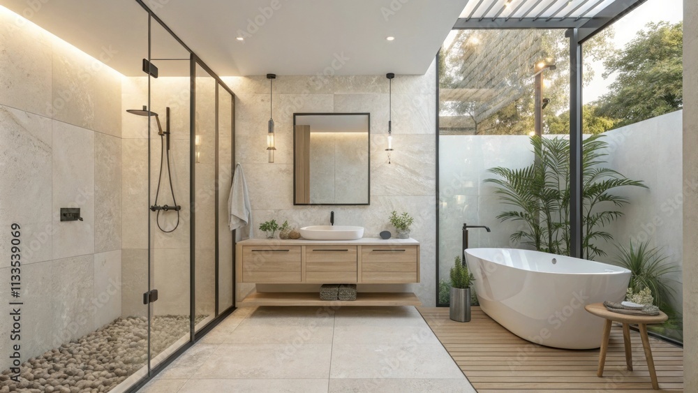 Fototapete an open bathroom layout emphasizing a transparent glass shower and a chic floating vanity where the 