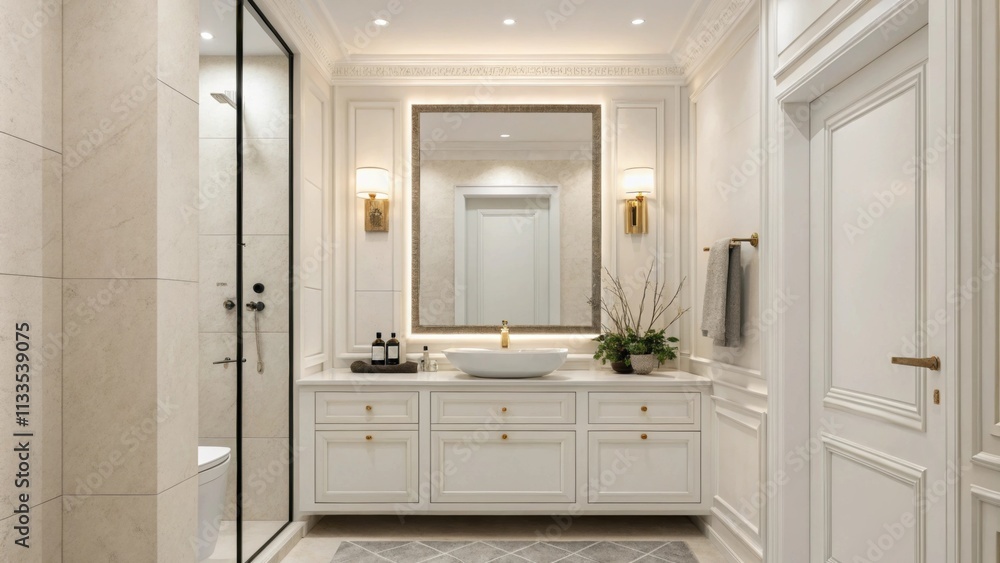 Poster A stylish bathroom characterized by immaculate white walls and a sleek frameless mirror combined with soft diffused lighting that highlights the simplicity of the modern