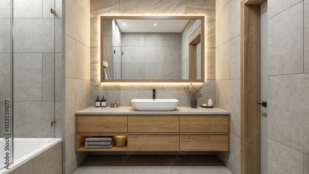 Poster An elegantly simple bathroom design showcasing a streamlined floating vanity a large frameless mirror and a cohesive palette of warm gray tiles that enhance the airy