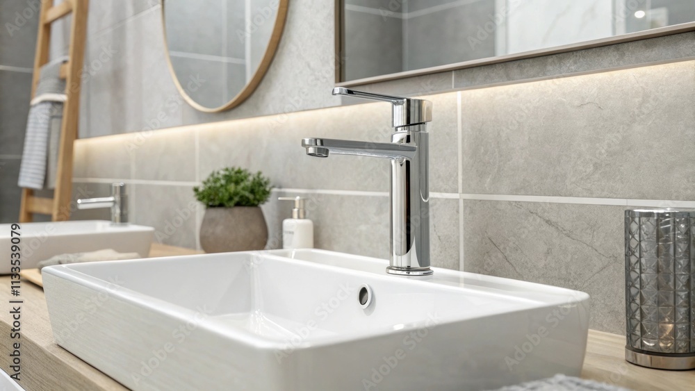 Leinwandbilder an elegant bathroom space showcasing a single sleek faucet mounted on a modern vanity with a backdro