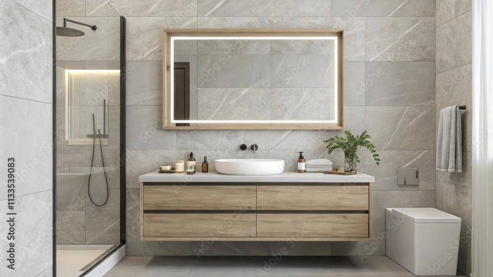 Poster An elegant modern bathroom design showcasing a minimalist floating vanity below a spacious frameless mirror set against a backdrop of stylish gray tiles that create a