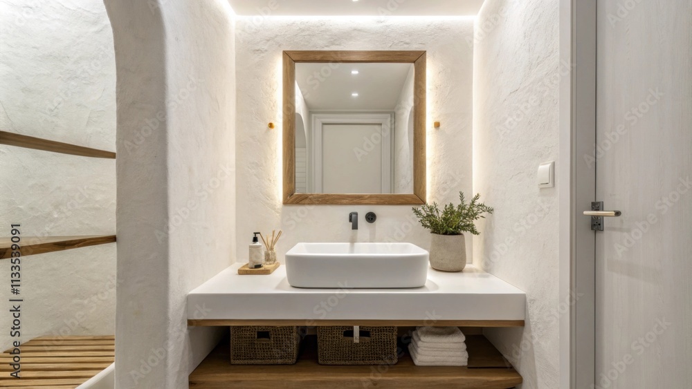 Poster A stylish bathroom adorned with stark white walls diffuse soft lighting enhancing the calm aesthetic and a perfectly balanced rectangular sink that epitomizes modern