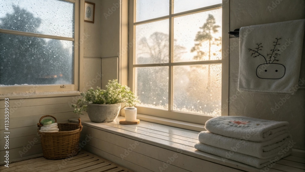 Aufkleber Soft natural light filters through a frosted window illuminating the serene ambiance of the bathroom with its calming color palette and uncluttered surfaces.