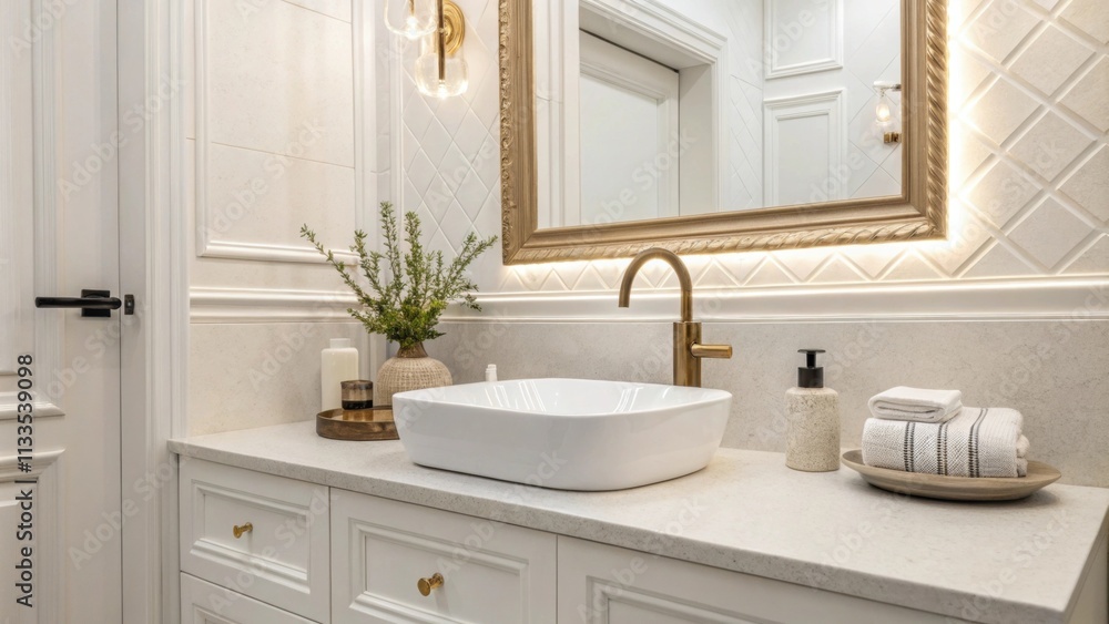 Poster A contemporary wash area featuring pristine white walls paired with an elegant simple faucet and a seamless mirror that reflects the uncluttered design.