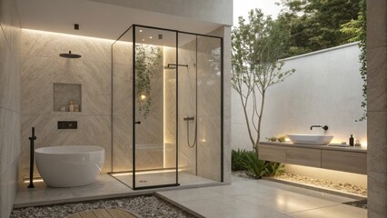 In this elegant bathroom a frameless glass shower elegantly delineates the wet area subtle lighting creates a soothing ambiance and a contemporary white basin integrates
