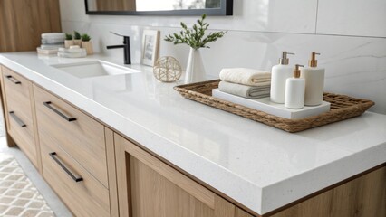 A pristine white countertop spans the length of the vanity offering ample space for ries and decor in a contemporary setting.