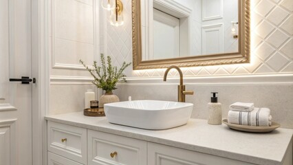 Fototapeta premium A contemporary wash area featuring pristine white walls paired with an elegant simple faucet and a seamless mirror that reflects the uncluttered design.