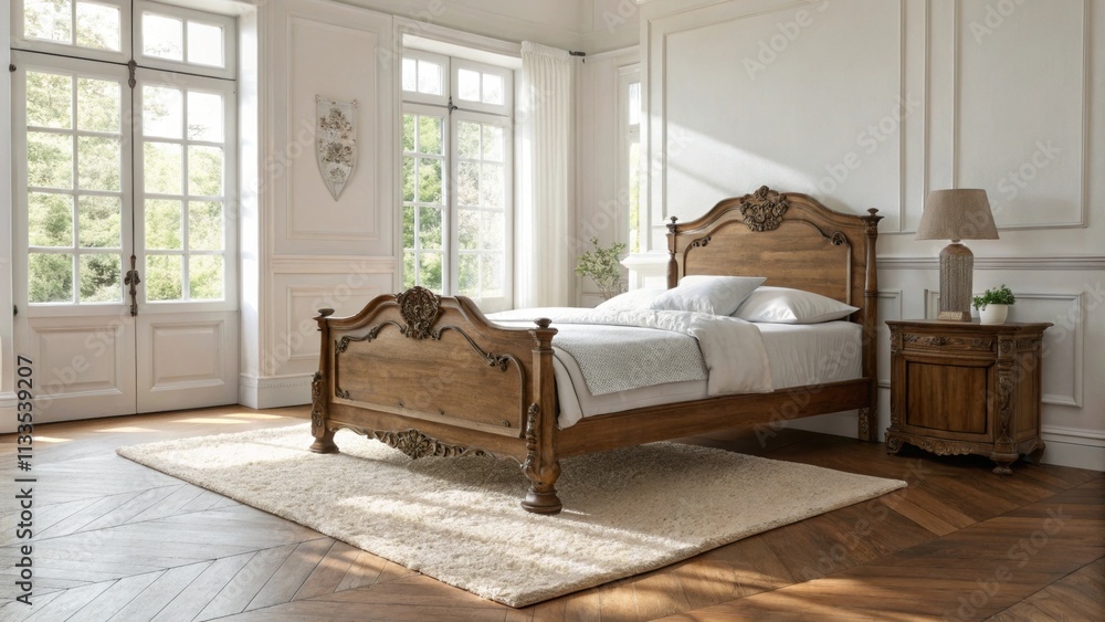Poster a calming sleeping space that centers around an antique wooden bed illuminated by soft natural light