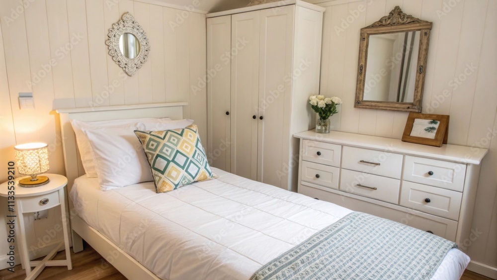 Poster An inviting bedroom showcasing a simple tidy layout. The bed is dressed in bright white bedding while a single stylishly patterned pillow rests atop it. A small mirror
