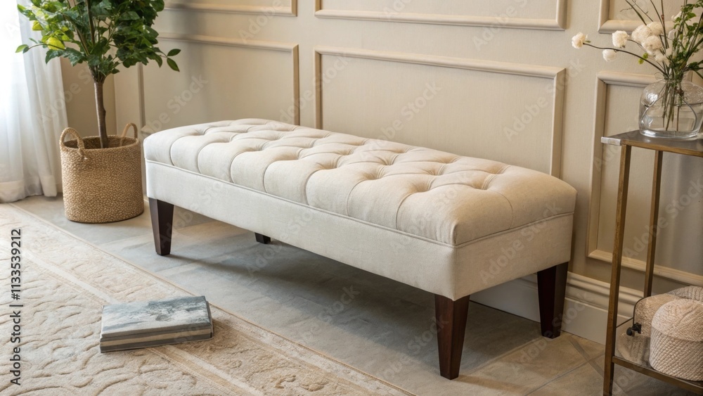 Poster a stylish tufted bench upholstered in a light fabric is positioned against a backdrop of subtle eart