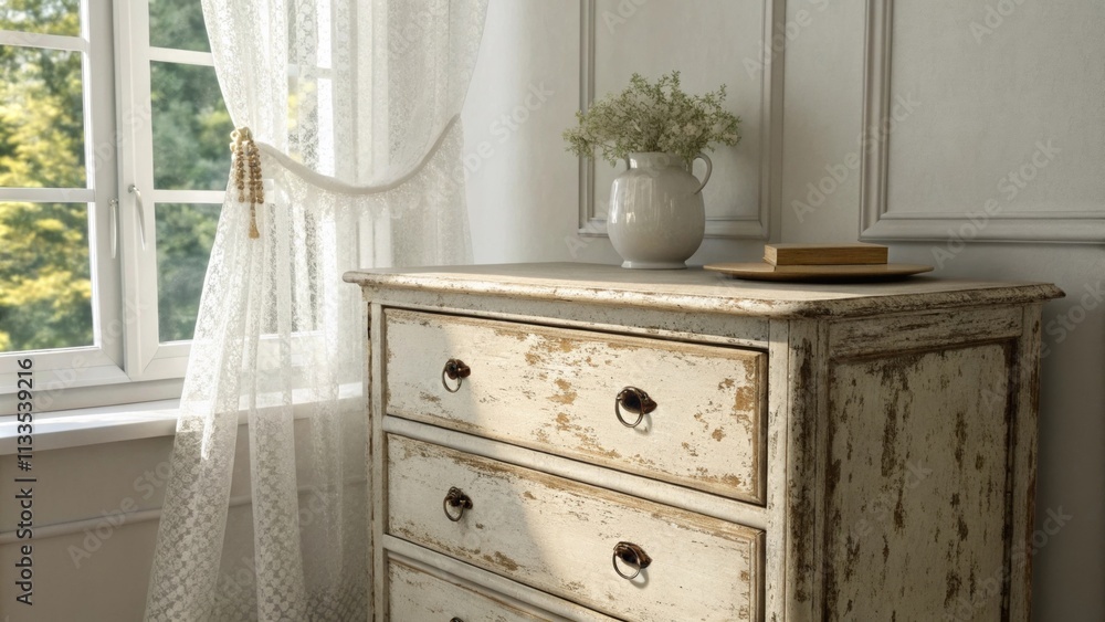 Poster a vintagestyle dresser with a distressed finish is positioned below a window where a light lace curt