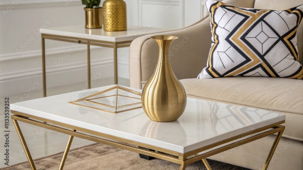 Poster The scene showcases a stylish coffee table featuring sharp lines an elegant gold vase with smooth contours and a plush cushion boasting a bold geometric design that adds a