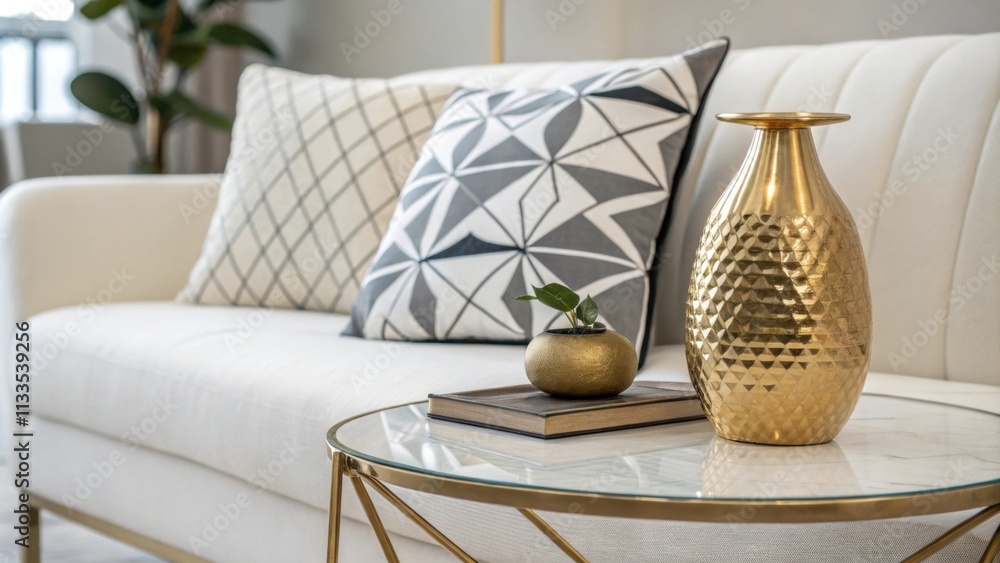 Poster In this inviting space a streamlined coffee table is adorned with a shimmering gold vase while a striking geometric cushion leans against the sofa enhancing the areas