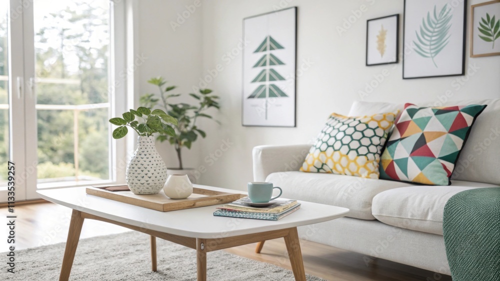 Poster a spacious living room filled with natural light showcasing a minimalist coffee table and an eyecatc