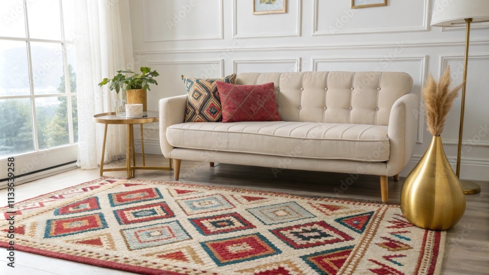 Poster in a tastefully decorated room a bold patterned rug adds a splash of color beneath a contemporary so
