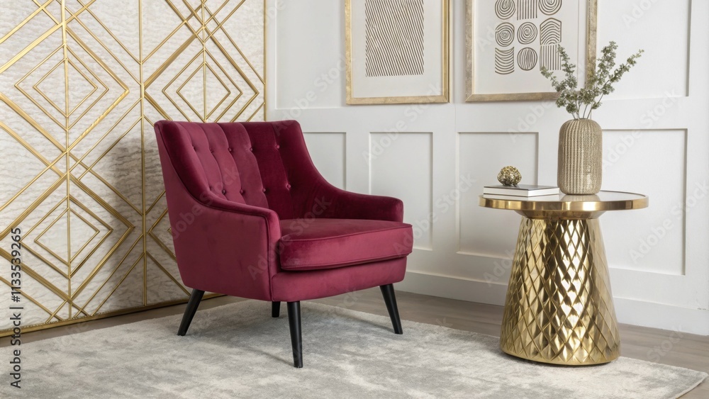 Poster A sophisticated living area with a luxurious velvet armchair in a bold hue p beside a shiny gold side table complemented by striking geometric shapes in the textile
