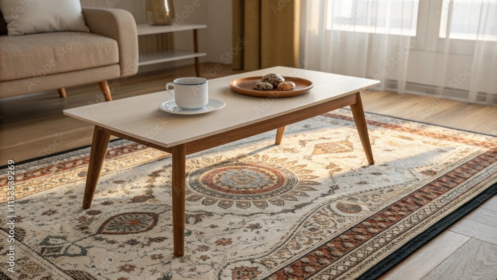 Poster The room features a sleek minimalist coffee table paired with an eyecatching rug displaying intricate patterns all enhanced by warm diffused lighting creating a cozy