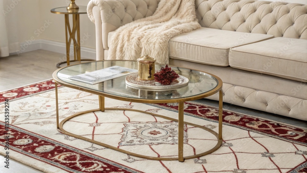 Poster the space is adorned with an elegant glass coffee table positioned on a bold intricately designed ru