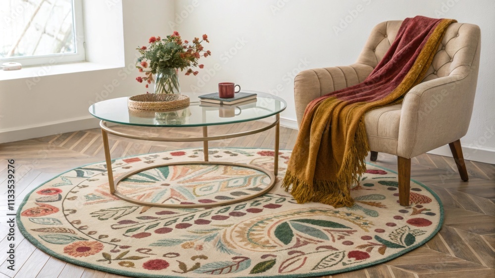 Poster an inviting atmosphere is created by a round glass coffee table surrounded by a lively patterned rug