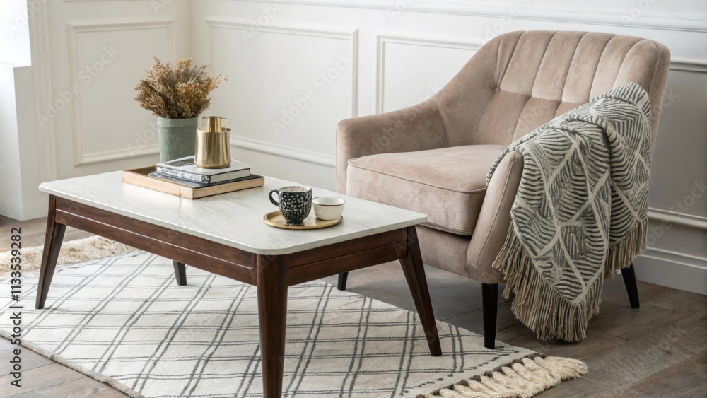 Poster a cozy nook featuring a streamlined coffee table paired with a chic patterned throw and an inviting 