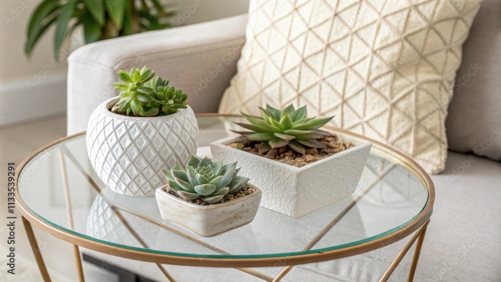 Leinwandbilder a glasstop table showcases a delicate arrangement of succulents while a textured geometric cushion a