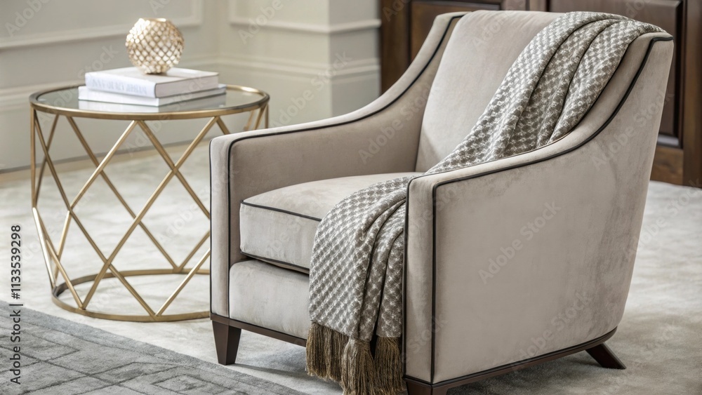 Poster an inviting lounge area presents a dove gray velvet armchair elegantly draped with a patterned throw