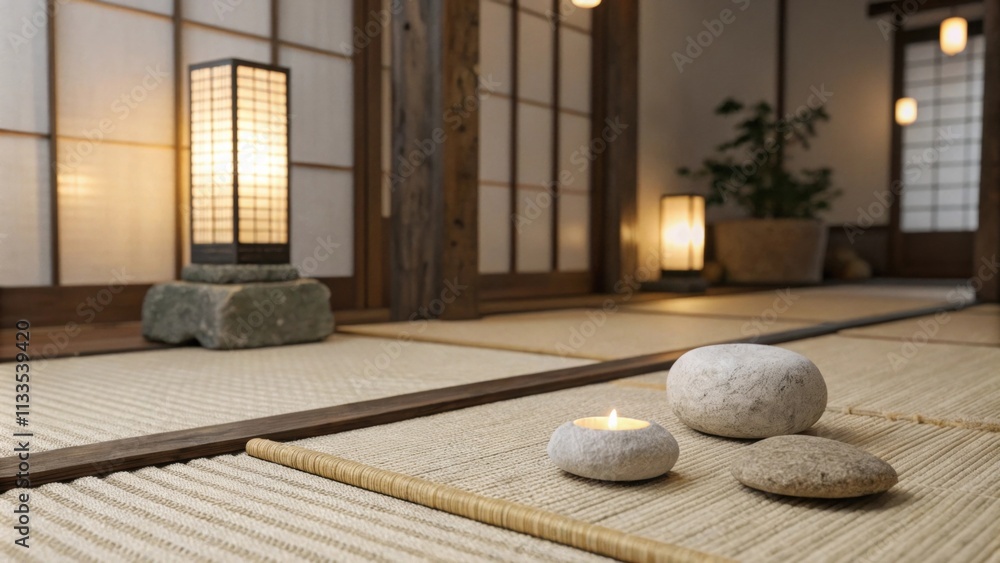 Leinwandbilder an inviting meditation area with a clean woven tatami mat accented by a simple stone sculpture while