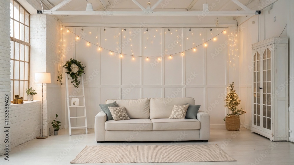 Poster in the center of an urban studio a contemporary multifunctional couch is surrounded by softly glowin