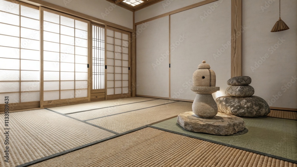 Poster A tranquil meditation room composed of a woven tatami mat underfoot complemented by a modest stone sculpture with soft indirect lighting setting a calming mood throughout