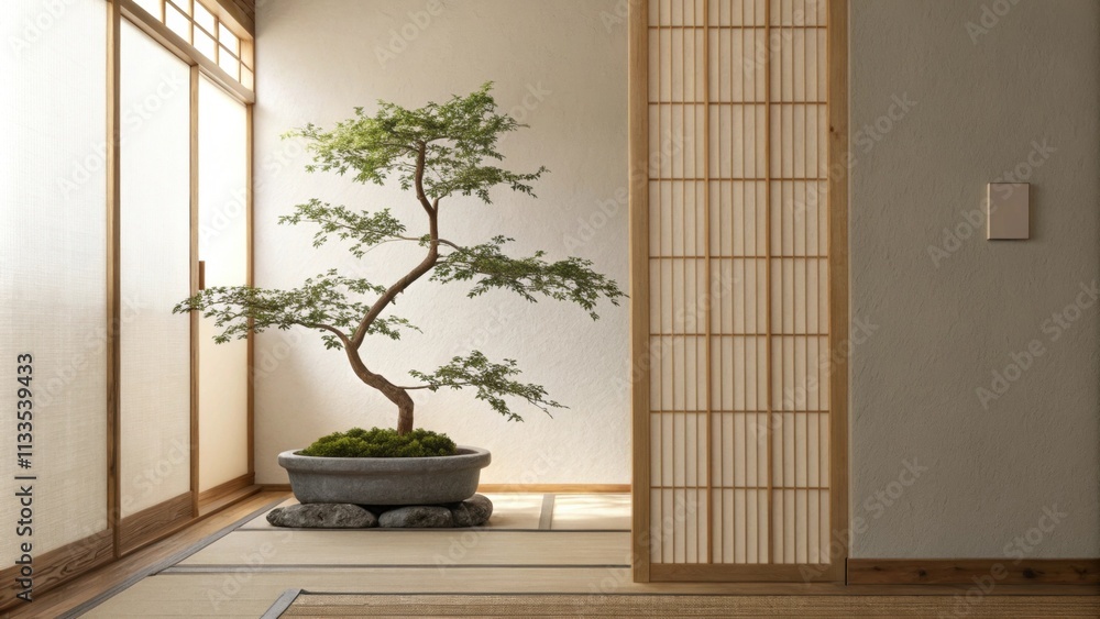 Leinwandbilder the serene space features a potted bonsai with delicate leaves complemented by a tall bamboo screen 