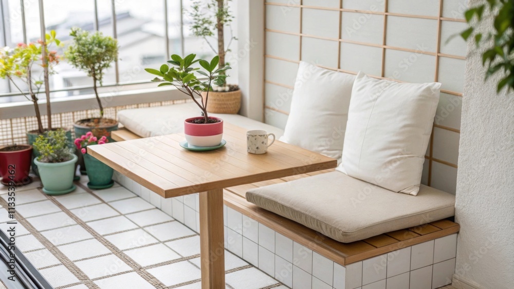 Aufkleber An airy alfresco space with immaculate tile work a plush neutral cushion atop a minimalist wooden table and colorful planters adding vibrancy to the setting.