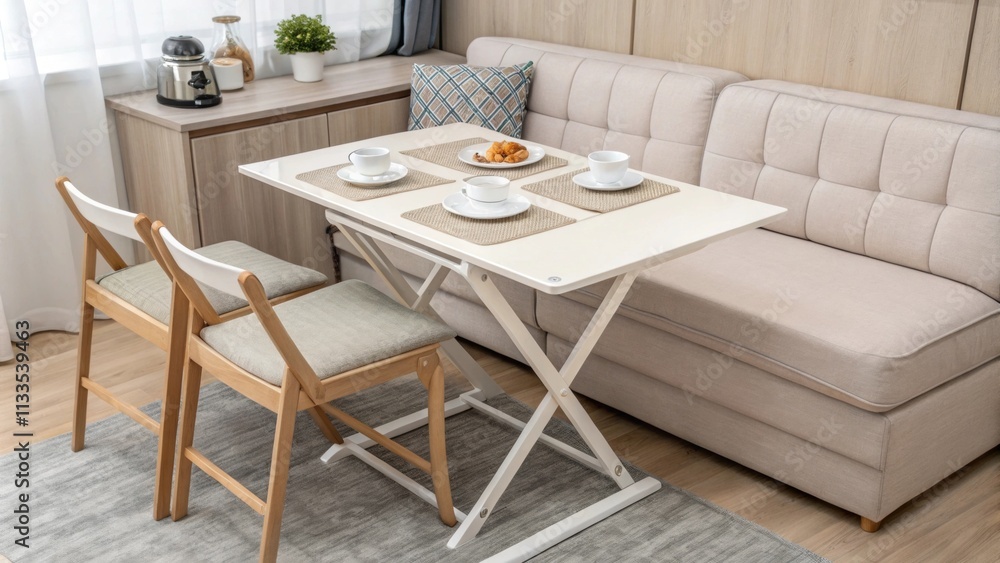 Poster A chic multifunctional layout displaying a foldable dining table for versatility alongside a comfortable modular sofa in subtle pastel tones with a focus on simplicity