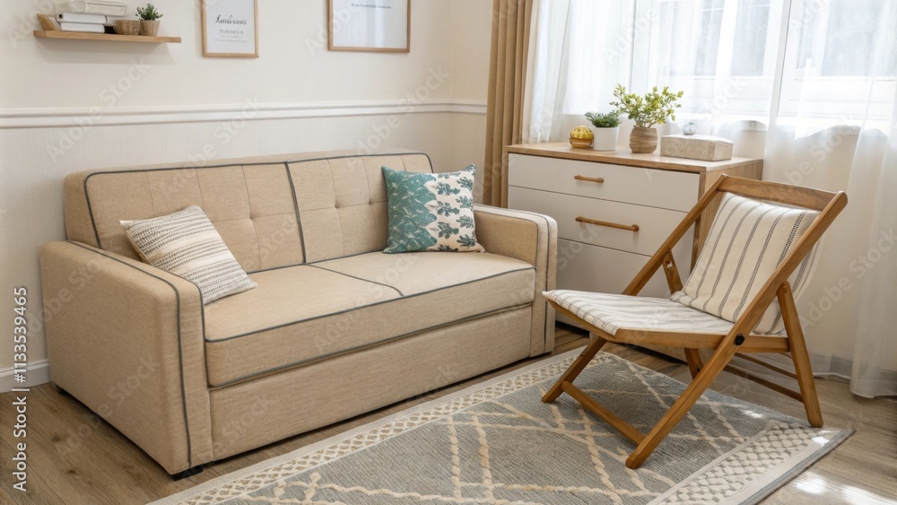 Poster an inviting corner features a multifunctional sofa accompanied by a neatly folded chair illuminated 