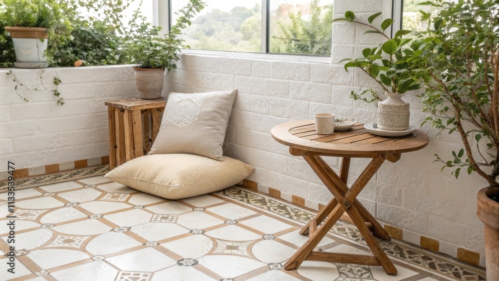 Poster a cheerful patio adorned with polished tiles where a light beige cushion is set on a quaint wooden t