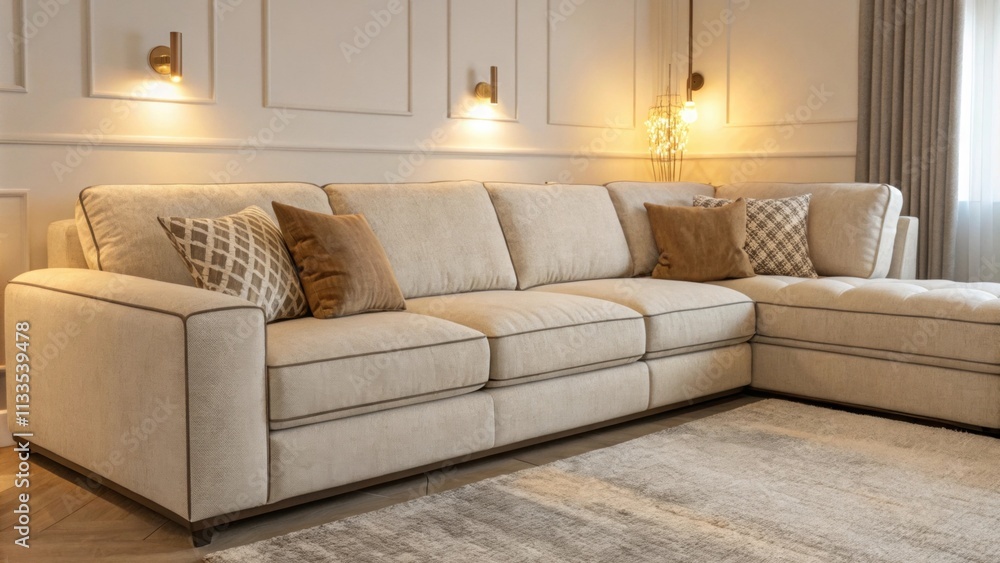 Poster a contemporary living space featuring a versatile sectional sofa warm diffused lights accentuating i