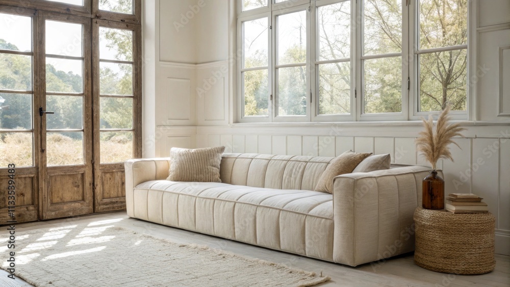 Aufkleber A thoughtfully designed room highlights a plush modular sofa positioned against a backdrop of large windows allowing natural light to illuminate the neutral palette of soft