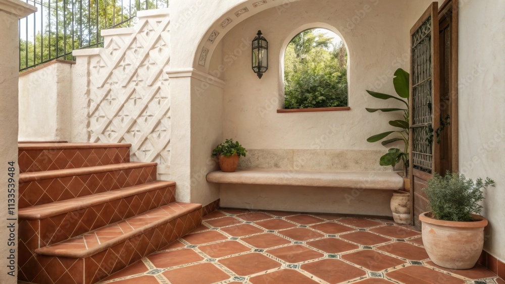 Poster a tranquil outdoor space featuring rich terracotta tiles and a stylish stone bench harmonizing with 
